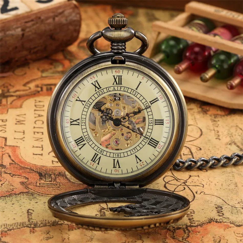 Bronze Hollow Dragon Half Hunter Mechanical Pocket Watch - Image 2