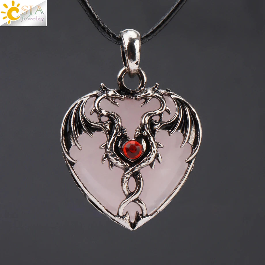 CSJA Double Dragon Necklace – Natural Stone Heart Crystal Pendant Amulet for Men & Women | Halloween Jewelry Gift H238 - Image 29