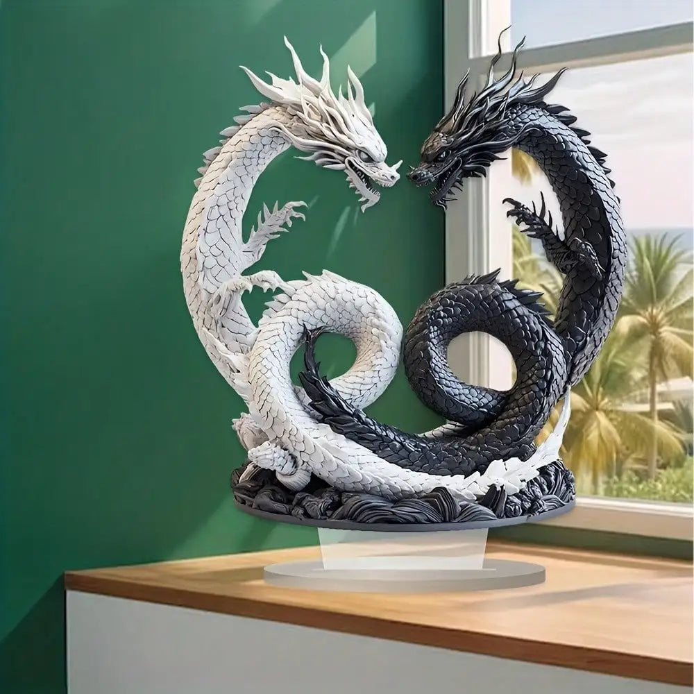 Bohemian Yin Yang Double Dragon Acrylic Desk Decor – 9.84" x 8.27" Office & Home Accent