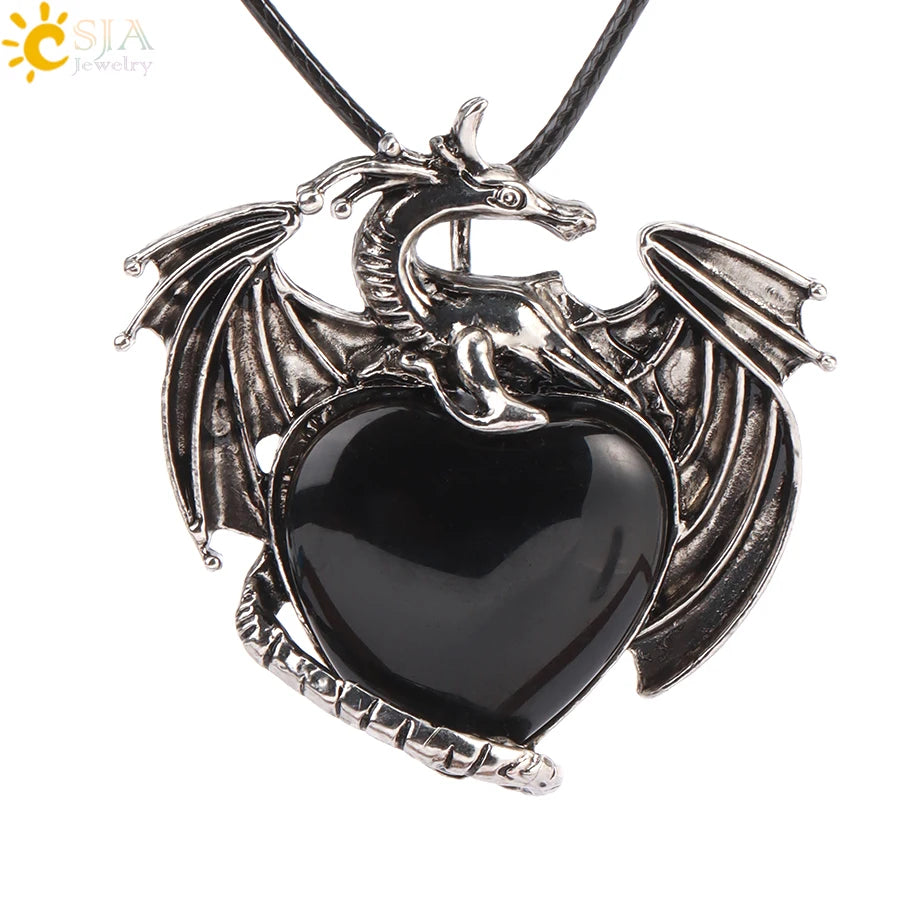 CSJA Double Dragon Necklace – Natural Stone Heart Crystal Pendant Amulet for Men & Women | Halloween Jewelry Gift H238 - Image 47