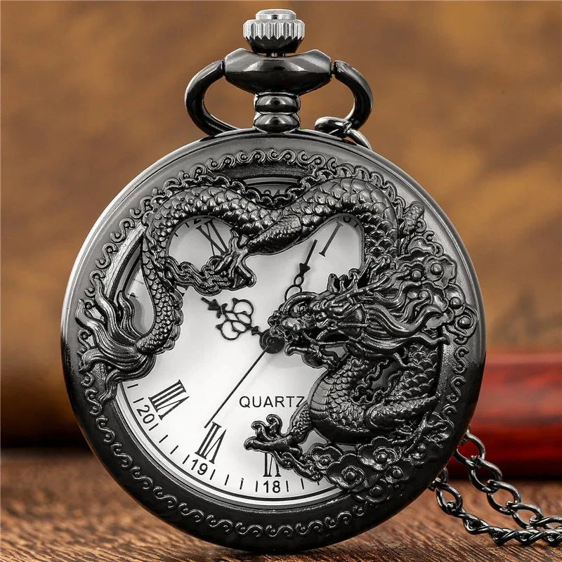 Classic Vintage Pocket Watch – Hollow Carved Chinese Dragon with Roman Numerals Dial Necklace Gift - Image 3