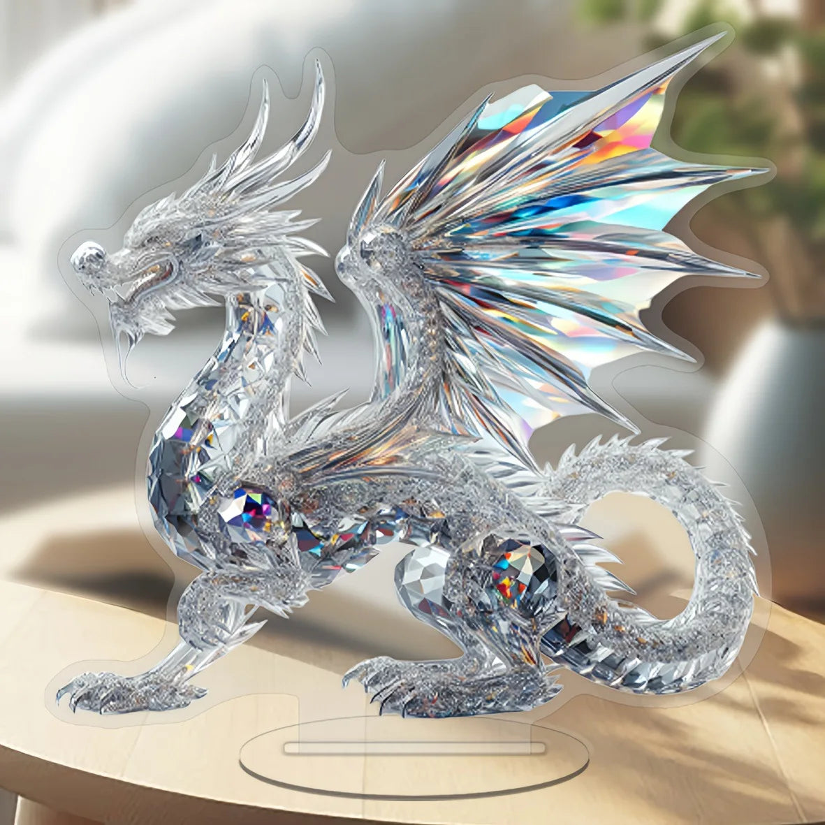 Acrylic White Crystal Dragon Statue – 2D Flat Figurine for Home & Office Decor