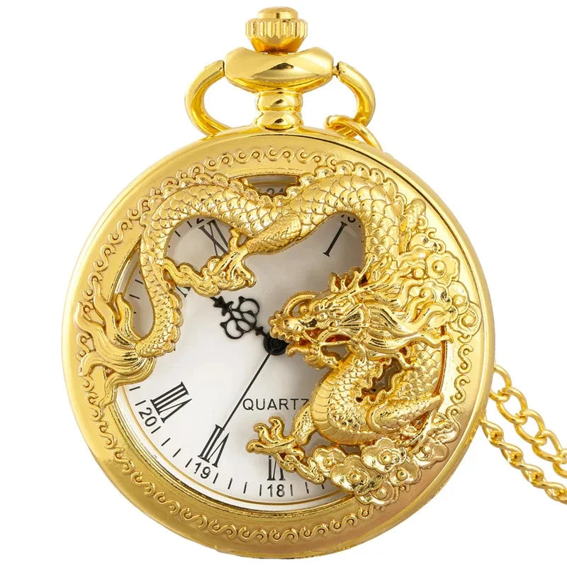 Classic Vintage Pocket Watch – Hollow Carved Chinese Dragon with Roman Numerals Dial Necklace Gift - Image 8