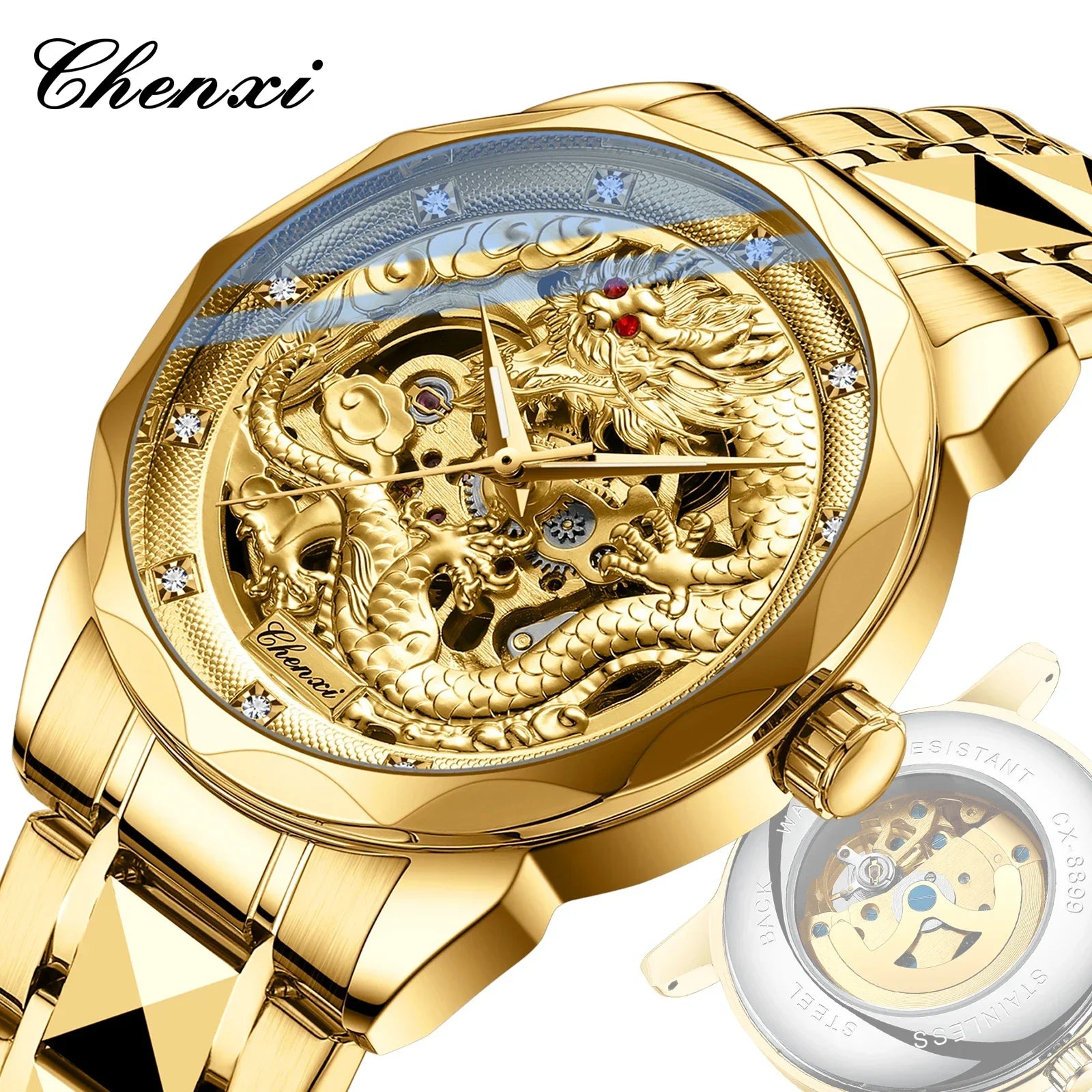 CHENXI 8899 Chinese Nation Culture & Art Watch – 3D Embossed Dragon Pattern Gold Automatic Mechanical Stainless Steel Men’s Watch