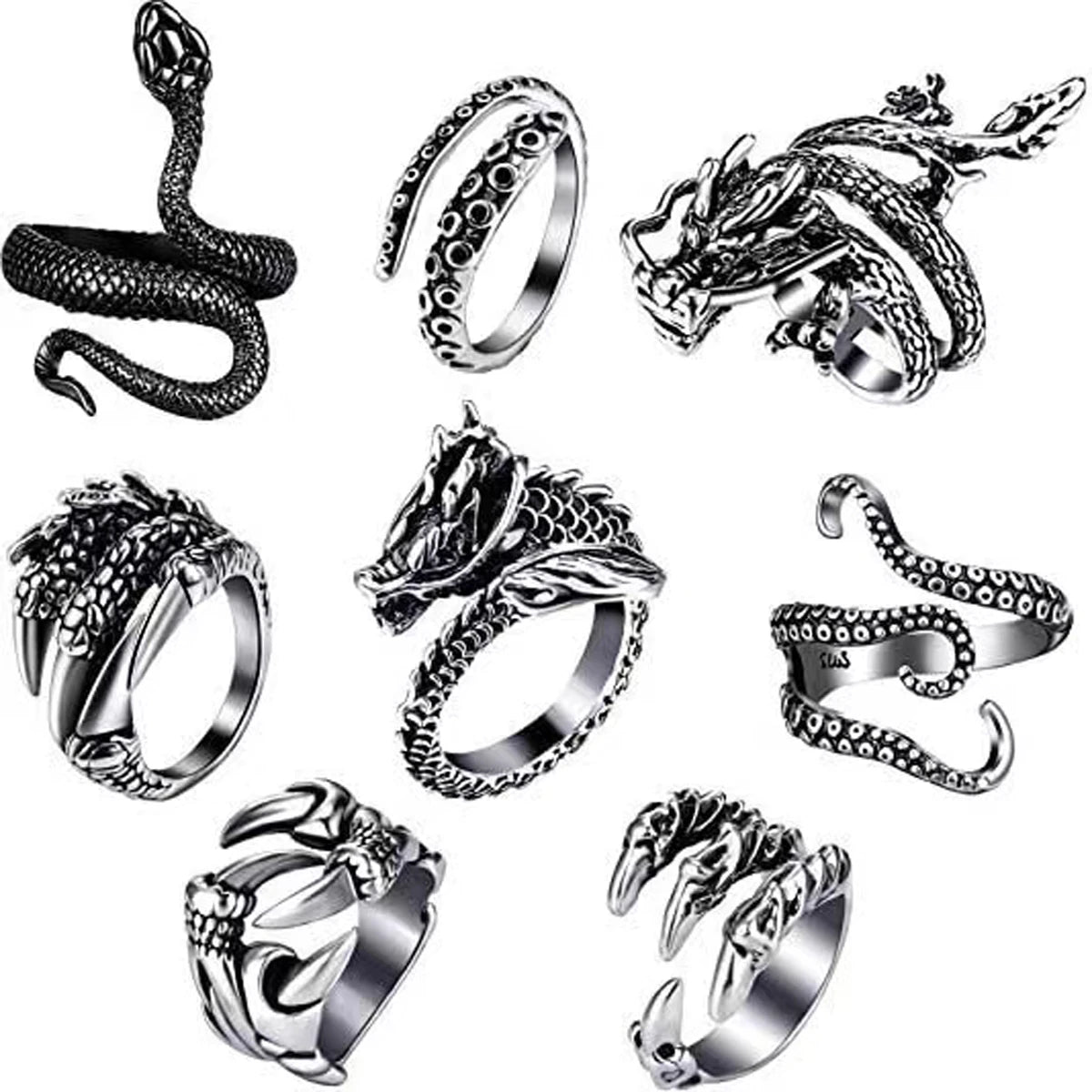 8 Pieces/Set Vintage Animal Open Rings – Dragon, Snake, Octopus & Eagle Claw Punk Accessories for Men