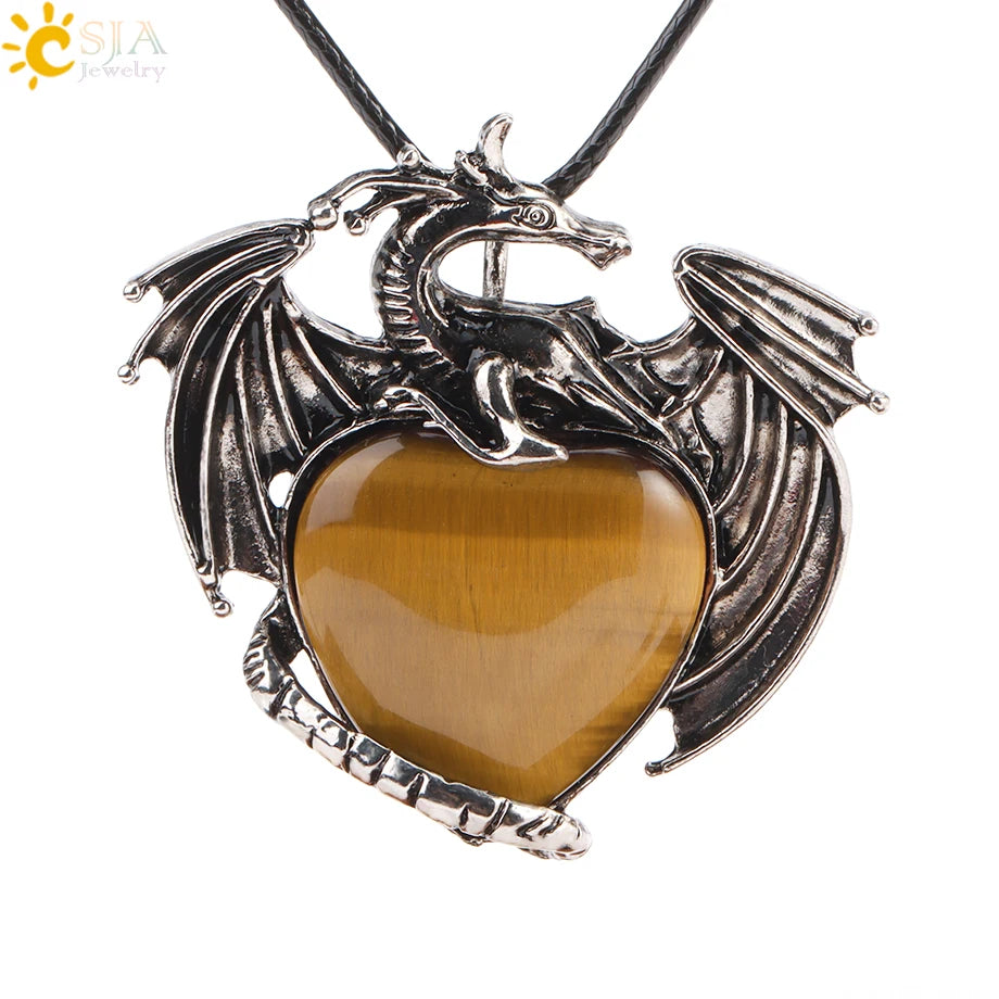 CSJA Double Dragon Necklace – Natural Stone Heart Crystal Pendant Amulet for Men & Women | Halloween Jewelry Gift H238 - Image 33