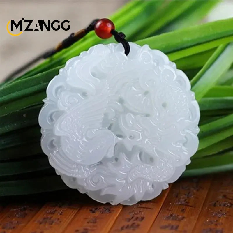 Chinese White Jade Dragon & Phoenix Pendant - Image 4