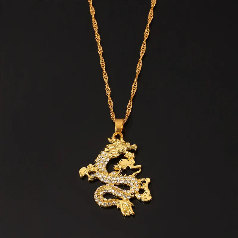 Chinese Style Gold Color Dragon Pendant – Creative Luxury Charm Necklace for Men & Women