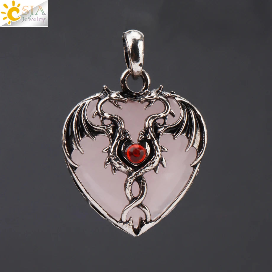 CSJA Double Dragon Necklace – Natural Stone Heart Crystal Pendant Amulet for Men & Women | Halloween Jewelry Gift H238 - Image 12
