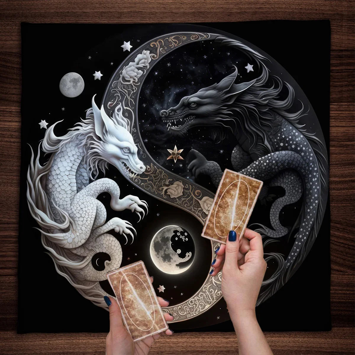 Chinese Dragon Tarot Card Tablecloth Tapestry – Black Moon & Starry Sky Dragons Wicca Altar Cloth - Image 3