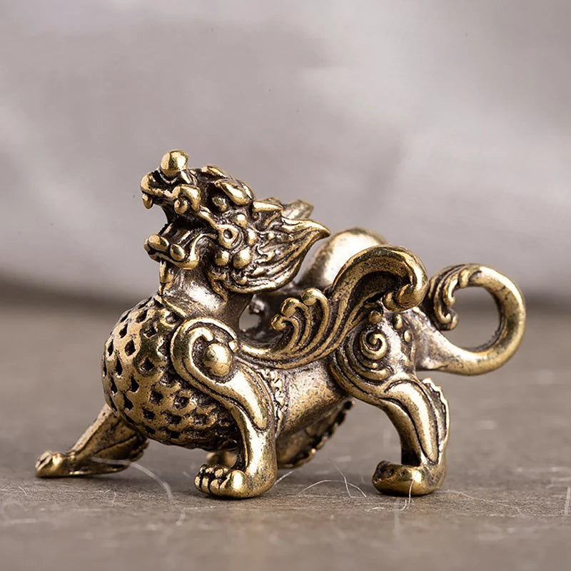 Antique Copper Chinese Mythical Beast Pixiu Miniature Figurines – Brass Lucky Kirin & Dragon Desktop Ornaments - Image 7