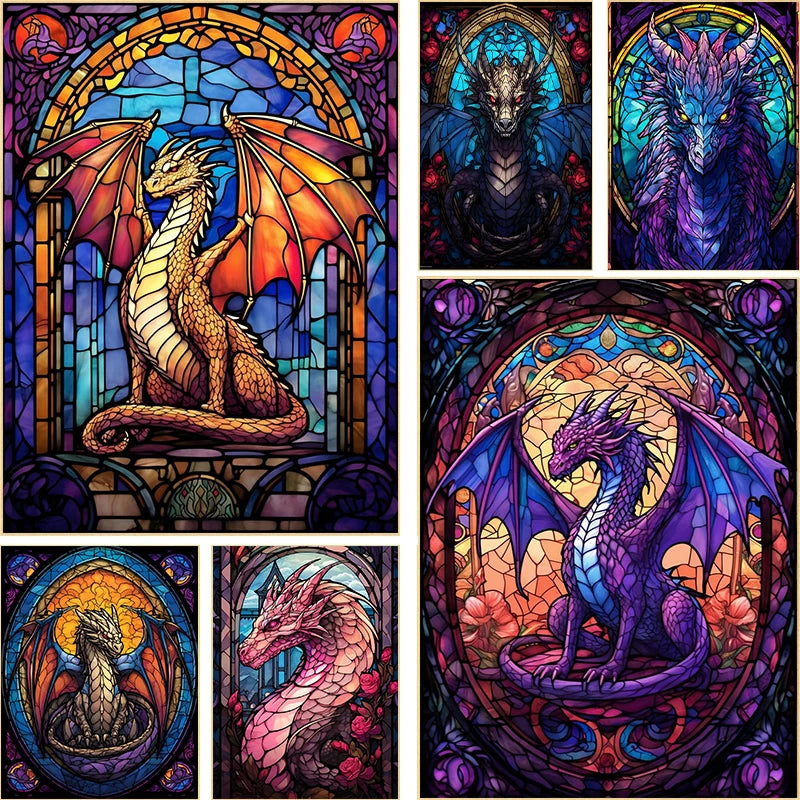 Abstract All Dragons Asylum Stained Glass Poster – Canvas Painting Wall Art for Living Room & Home Decor