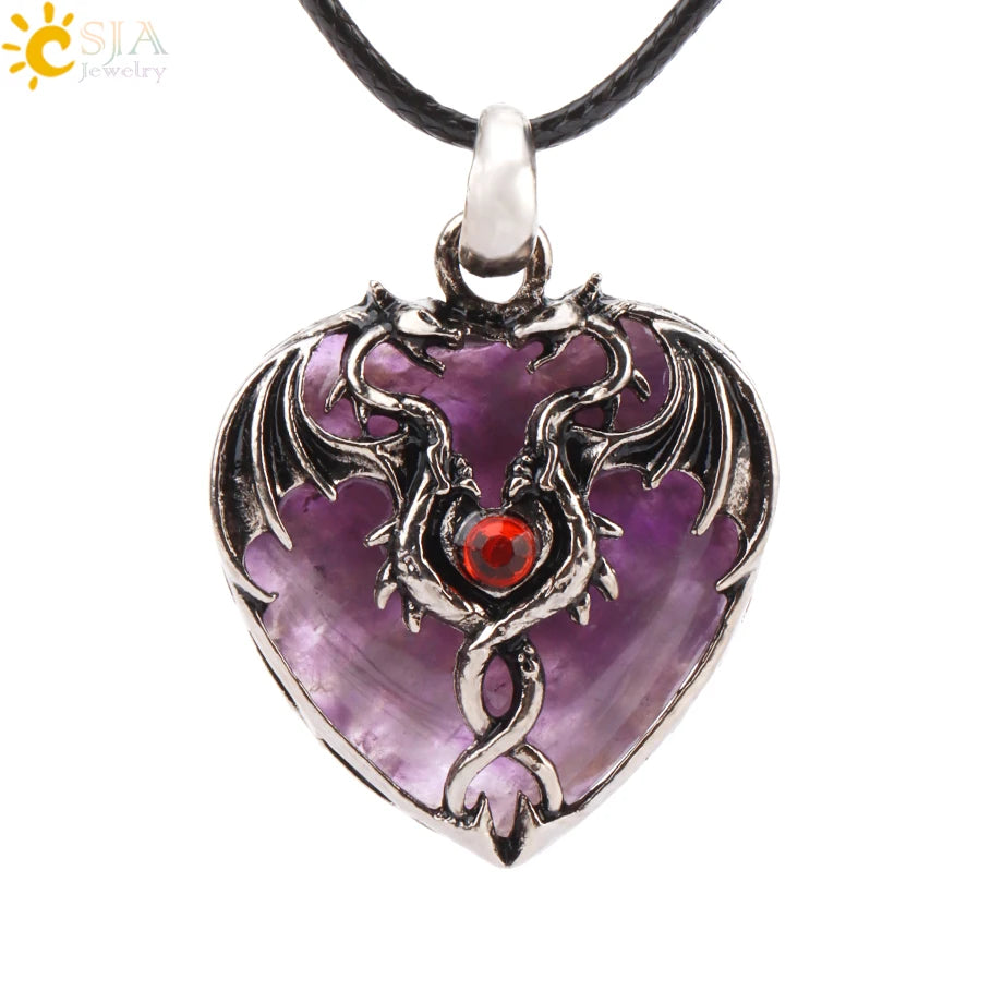 CSJA Double Dragon Necklace – Natural Stone Heart Crystal Pendant Amulet for Men & Women | Halloween Jewelry Gift H238 - Image 36
