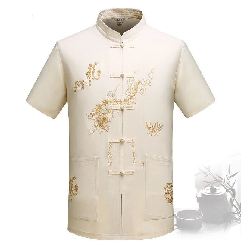 Chinese Traditional Tang Clothing – Mandarin Collar Kung Fu Wing Chun Shirt with Dragon Embroidery (Short Sleeve) M-XXXL - Image 6