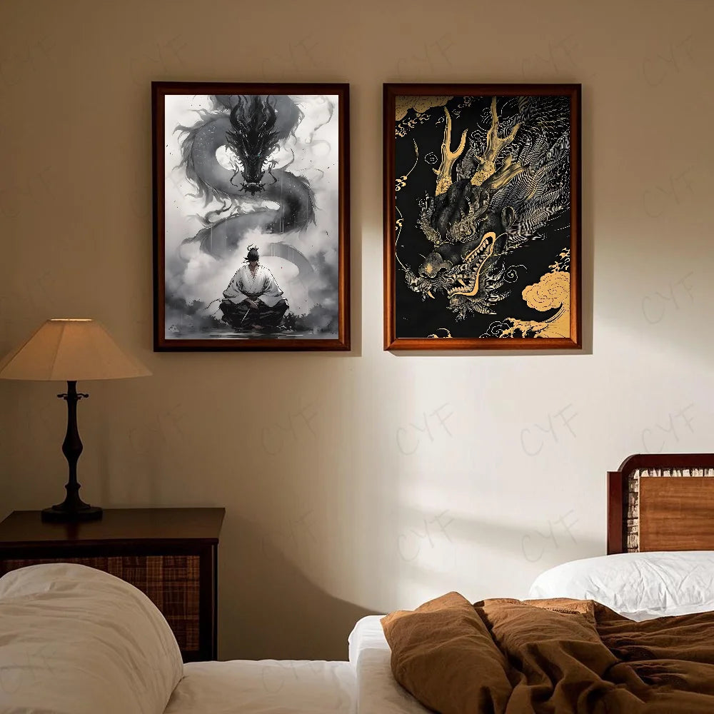 Asian Ink Style Dragon & Shadow Waves Art Poster – HD Waterproof Wall Sticker for Home & Bar Aesthetic Decoration - Image 5
